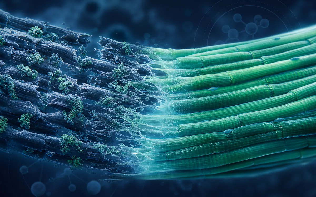 Damaged muscle fibres transitioning to restored muscle structure